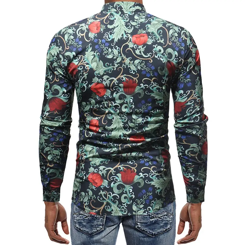 Mens Shirt Male Casual Slim Retro Floral Printed Shirts Long Sleeve Korean Cardigan Business Fashion Classic Men Dress 2018 | Мужская