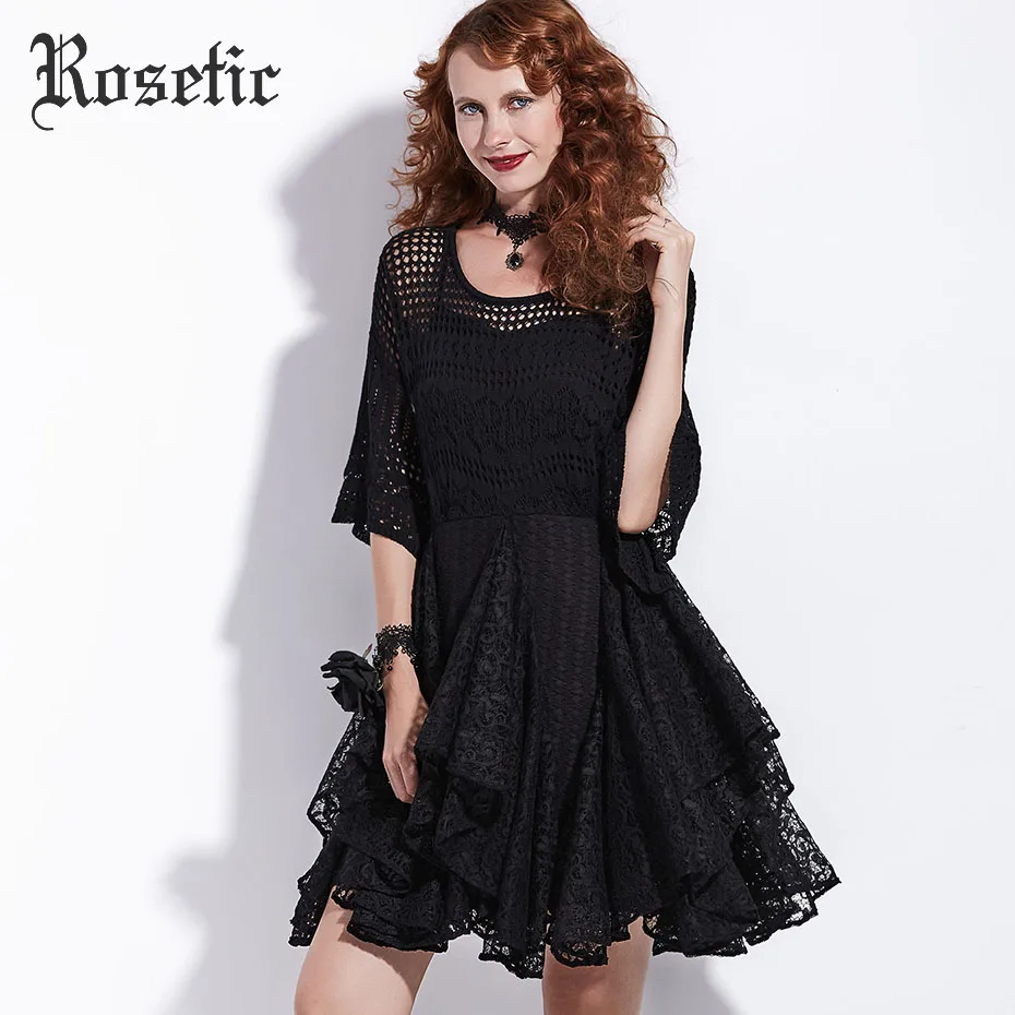 Rosetic, готическое платье, женское, черное, летнее, ТРАПЕЦИЕВИДНОЕ, кружевное, с расклешенными рукавами, двойные, повседневные, вечерние, модные, сексуальные, готические, женские платья