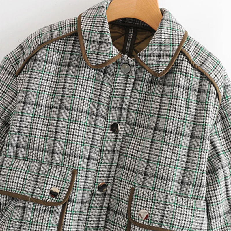 JuneLove Women Winter Vintage Chic Pockets Coat Buttons Plaid Parkas Shirt Collar Lady Long Cuffed Sleeves Outerwear | Женская одежда