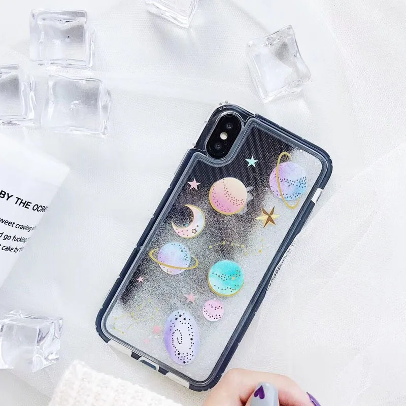 JiBan Universe Saturn Glitter Powder Cushion Mobile Phone Case For iPhone 6 6S 7 8 Plus X Cases Anti-fall Sandpaper Soft Sleeve | Мобильные