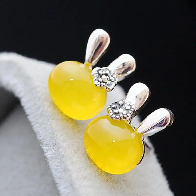 GQTORCH 925 Sterling Silver Earrings For Women Inlaid Natural Red Agate Onyx Yellow Chalcedony Cute Cartoon Lovely Rabbit Girls | Украшения