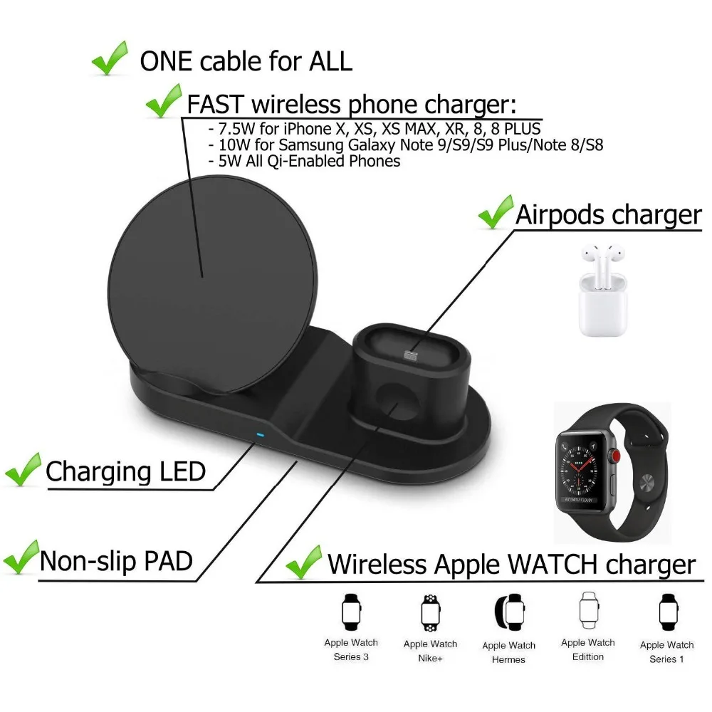 Для Apple watch 5 4 3 2 band 3 в 1 Qi Беспроводное зарядное устройство Быстрая зарядка для iPhone XS Max XR X 8 Plus samsung S9 S8 Note 9 Airpods