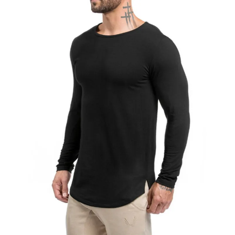 Long-sleeved men's T-shirt gym bodybuilding long-sleeved men's fitness long-sleeved sports running New fashion slim cotton round