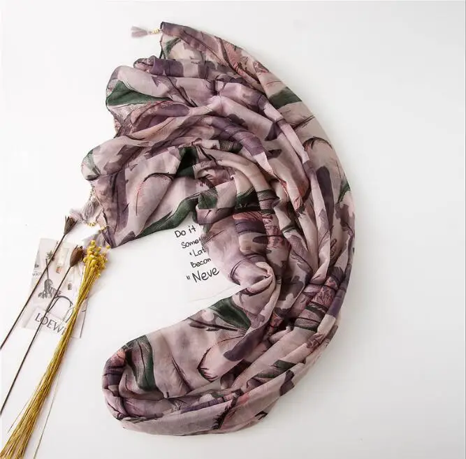 

Vintage Early spring literary scarf Women feather print decorative scarf wooden beads tassel travel shawl