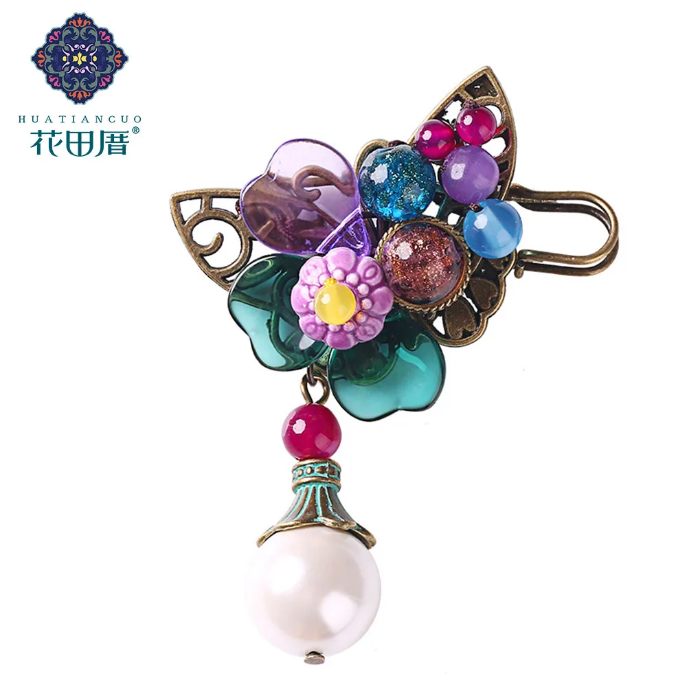 

Ethnic Ceramics Flower And Lampwork Beads Metal Alloy Pins Dangle Shell Bead Women Scarf Brooches Sleeve Accessories XZ-17029