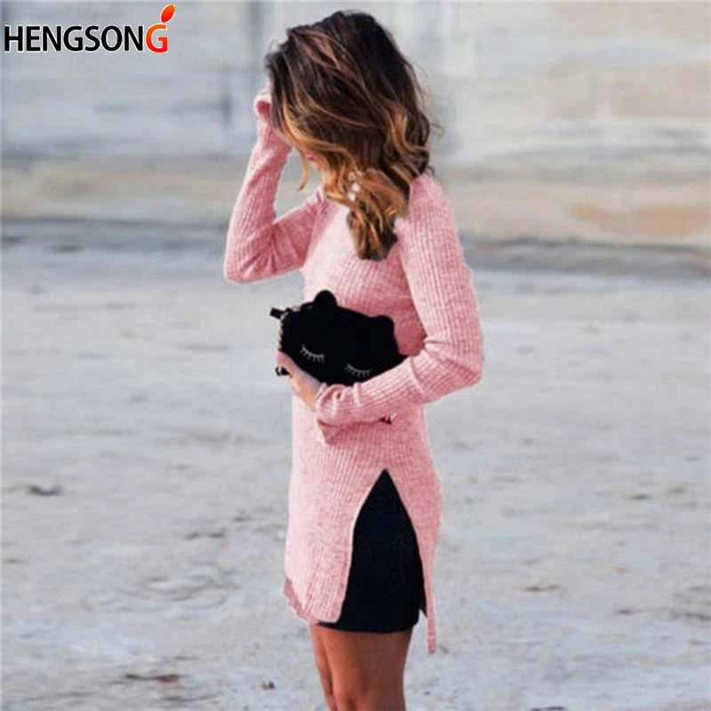 Autumn Women Casual Turtleneck Sweater Fashion Design Elegant Tops Split Pullovers Solid Color | Женская одежда