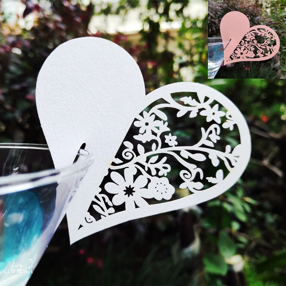 50pcs/set Wedding Table Decoration Place Cards Laser Cut Heart Floral Wine Glass For Party | Дом и сад