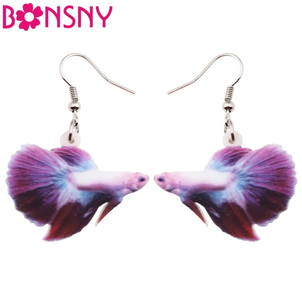 Bonsny Acrylic Drop Dangle Fighting Fish Long Earrings New Fashion Ocean Collection Animal Jewelry For Women Girl Accessories | Украшения и