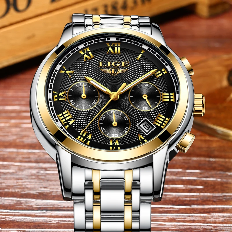 Часы наручные LIGE мужские с хронографом модные брендовые многофункциональные