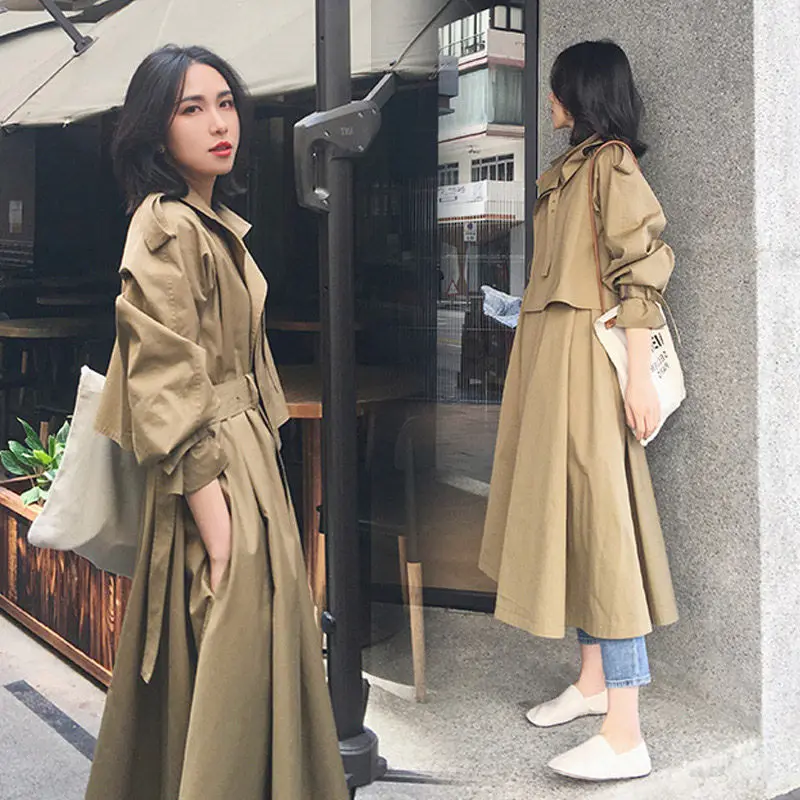 Женский Длинный Тренч с отворотом простой цвета хаки и серого на весну осень