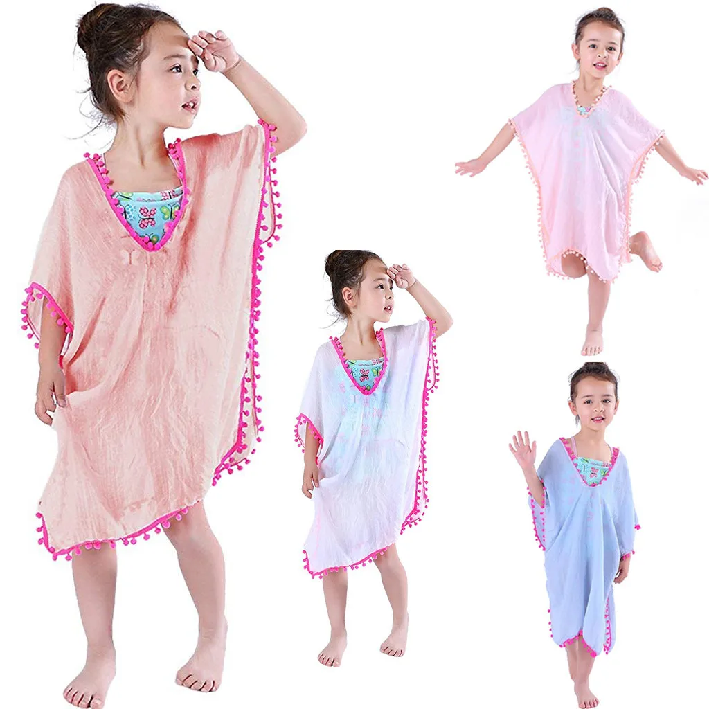 Летний купальный костюм для девочек мягкое пляжное платье с помпон кисточка