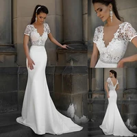 junoesque lace satin v neck neckline mermaid wedding dresses with bowknot short sleeves bridal dresses