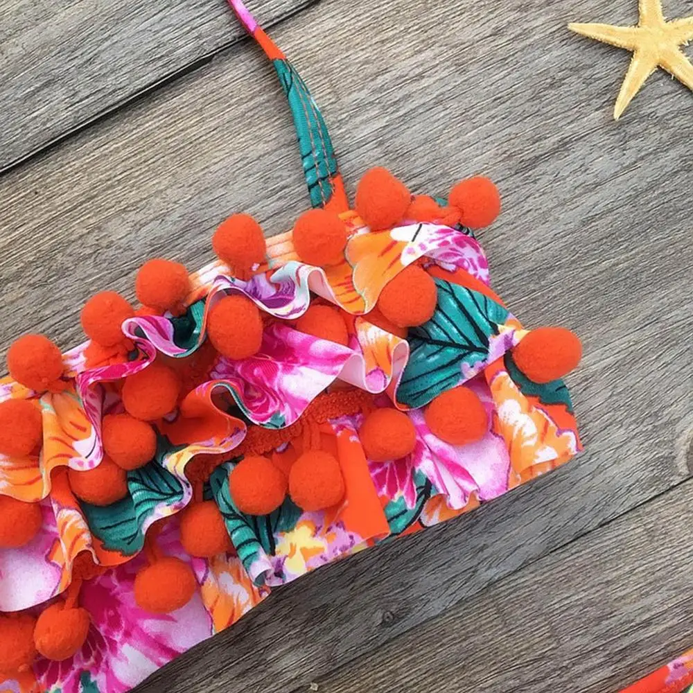 

Girls Swimsuits 2019 Children's Swimwear For Girls Children Baby Girl Hairball Ruched Bikini Set Swimwear Swimsuit A1
