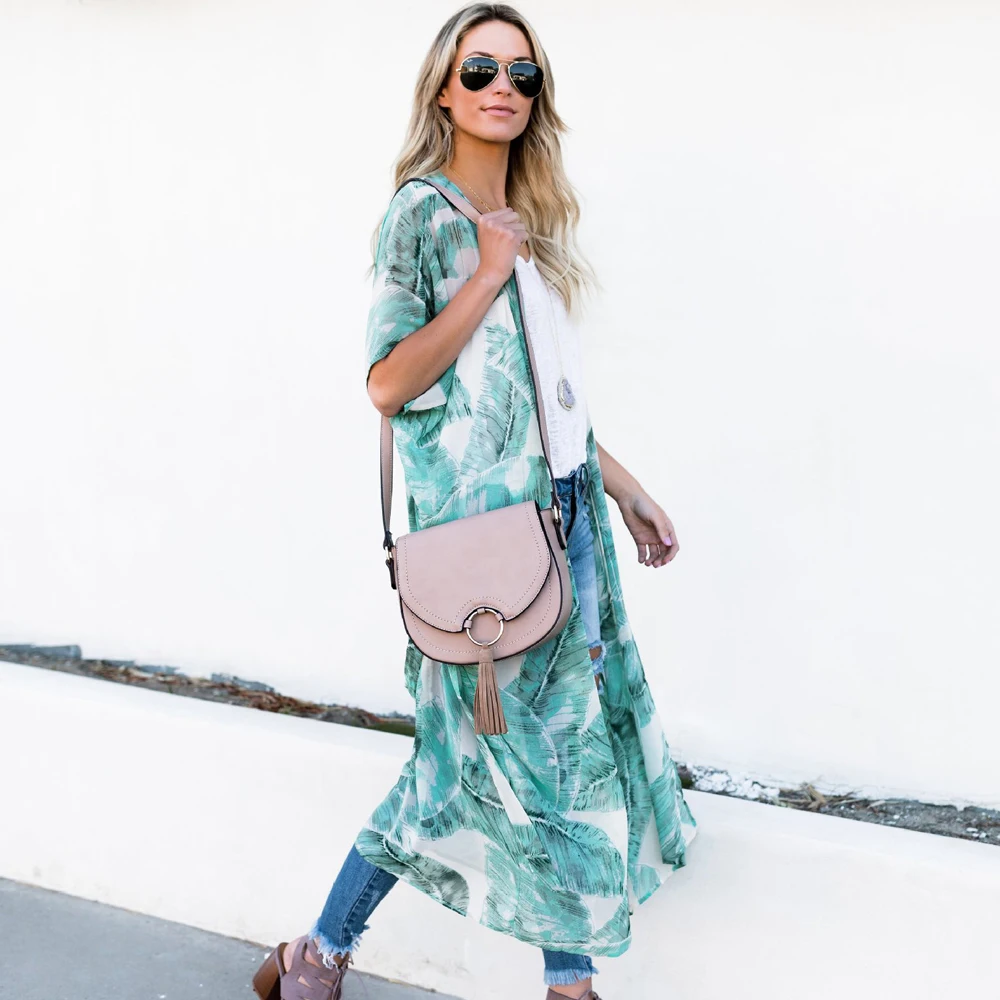 Jsmy Новинки для женщин летнее пляжный отдых рисунок банановых листьев кардиган