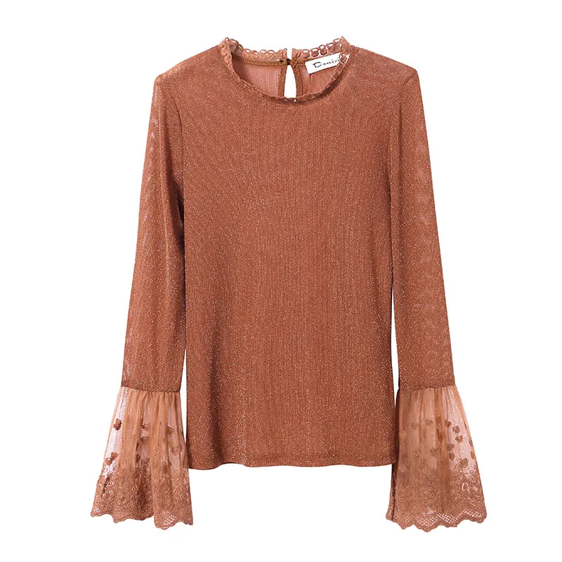 Осенняя блузка Для женщин с расклешенными рукавами яркие шелковые лоскутное