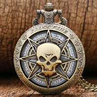 hollow vintage bronze skull ghost cross fire quartz pocket watch necklace mens p314
