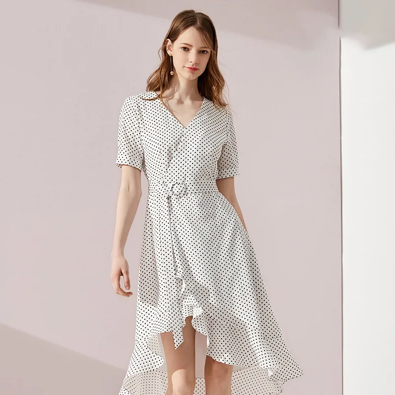 Ruffle Polkadot Print Summer Dress Vintage Irregular Wrap Women V Neck Short Sleeve ALine High Waist Elegant Dresses | Женская одежда