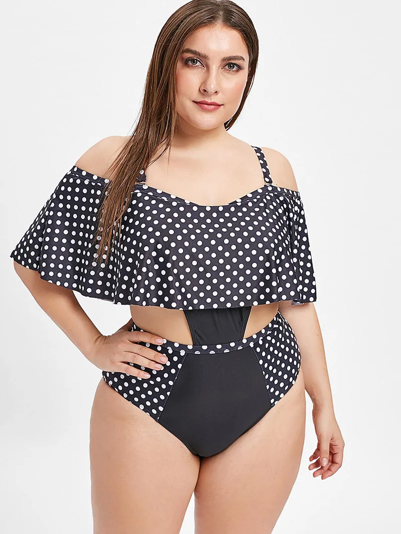 Плюс Размеры 4XL горошек Off Shoulder Ruffle боди XXXXL XXXL Для женщин большой Одна деталь