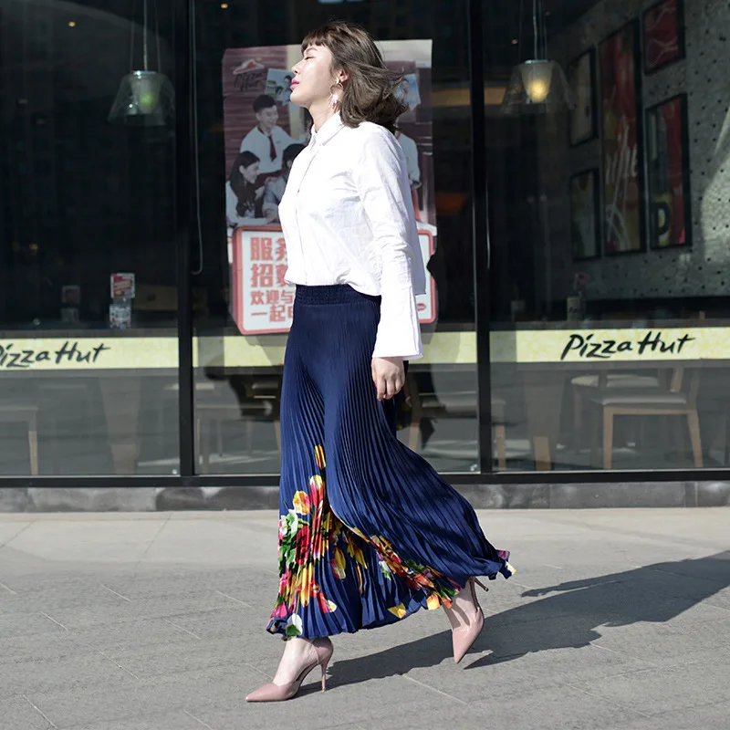 Женская плиссированная юбка в стиле ретро Длинная тонкая макси с цветочным