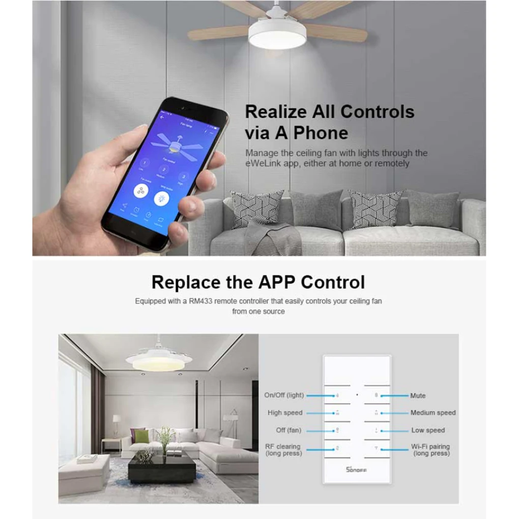 

SONOFF iFAN03 RF Remote Controlled Fan Switch RM433 Remote Speed Adjustable Smart Fan Wifi Switches