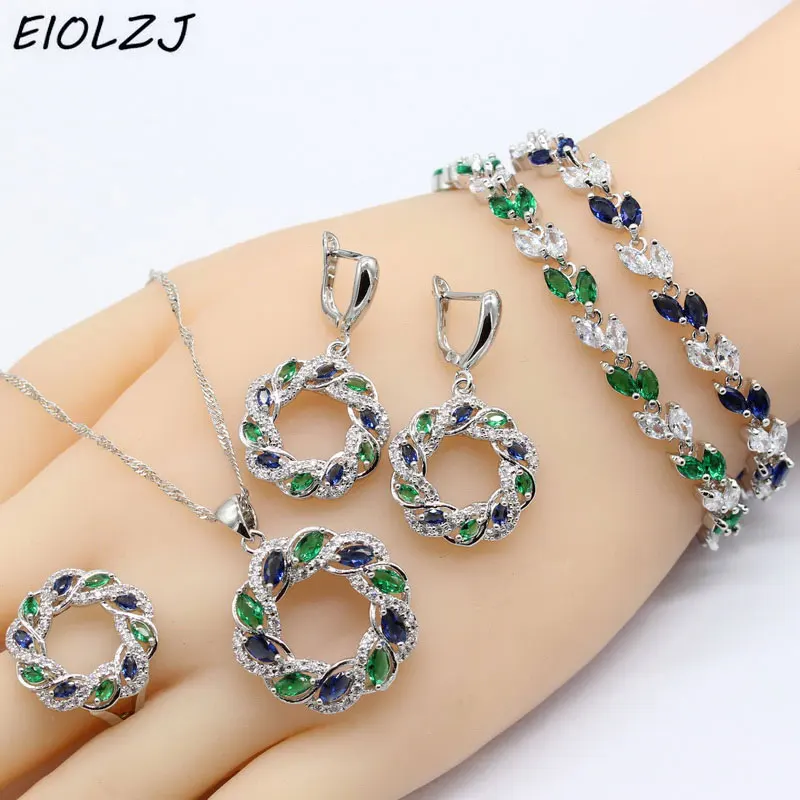 Набор женских серебряных браслетов 925 листья голубой зеленый циркон