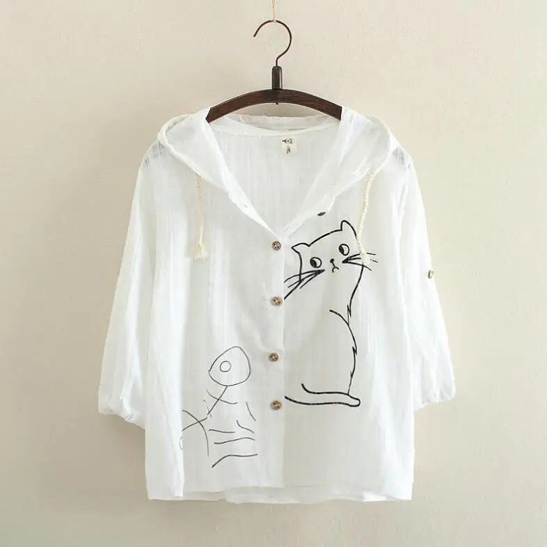 

Loose pure color sunscreen cat eat fish air conditioning shirt female Japanese