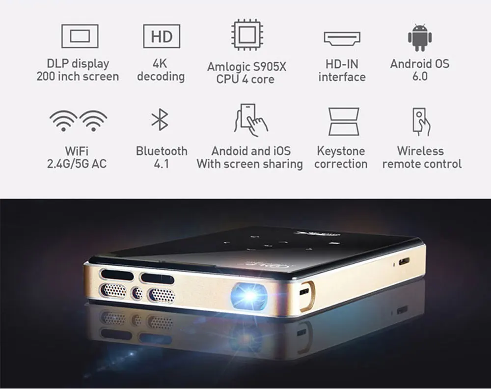 Proyector de bolsillo H96-P dlp мини-проектор 4 K 2G 16G amlogic S905 2,4g 5,8g Каса Wifi teatro h96 proyector android tv box