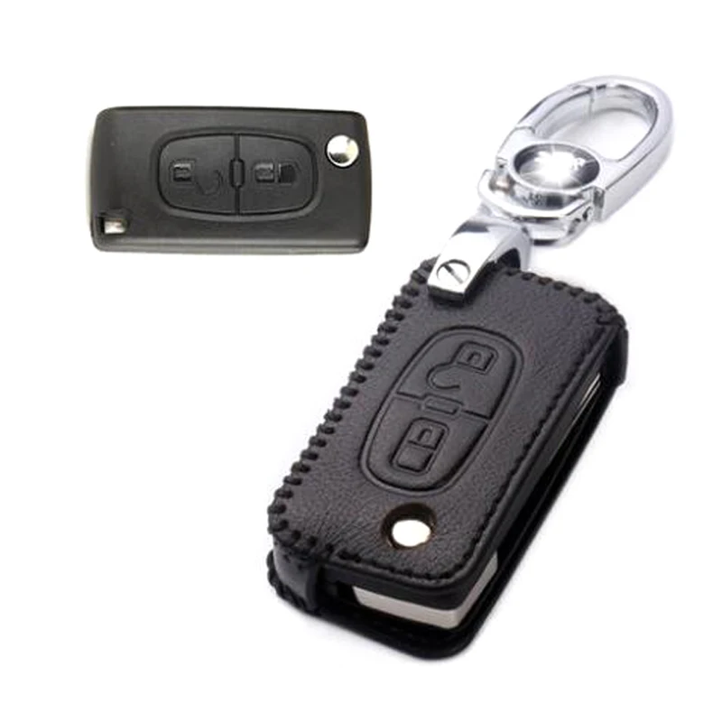

Genuine PU Leather 2 Button Remote Key Bag Case Fob Holder Chain For Peugeot/Citroen Series C Type
