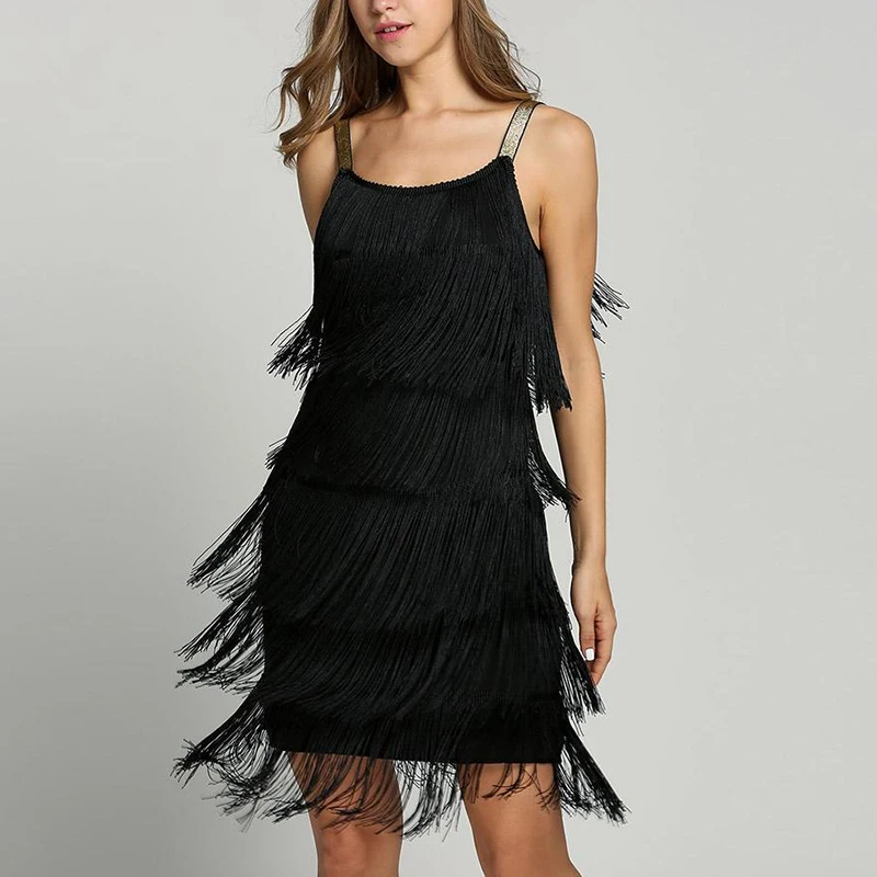 Высокое качество платье с кисточками низким вырезом черное женское летнее Мини