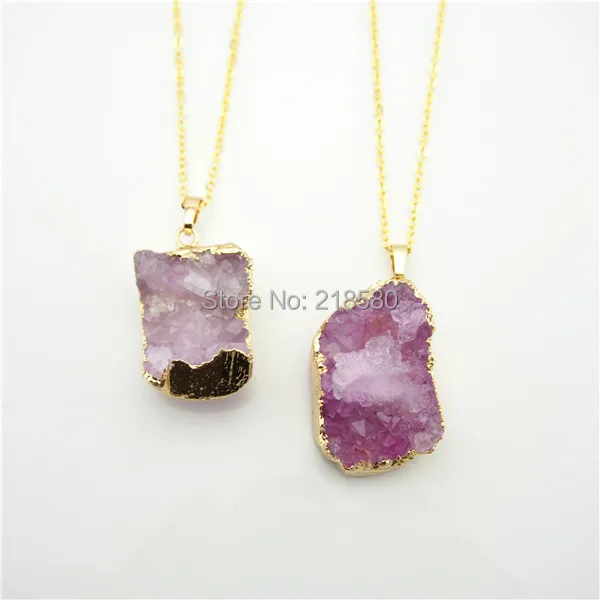 

QN339 Boho Jewelry Rose Pink Agates Druzy Crystal Pendant Necklace Gold Chain