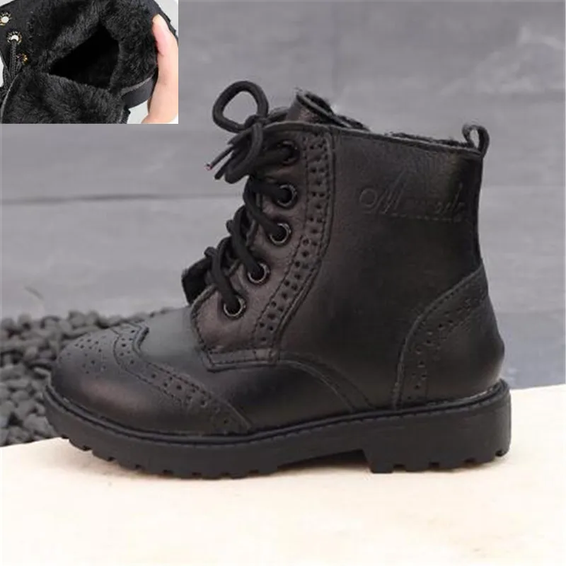 With Plush Black Новые осенне-зимние детские ботинки из натуральной кожи теплые плюшевые ботильоны для мальчиков и девочек детская обувь детские зимние ботинки 018 - Цвет: With Plush Black