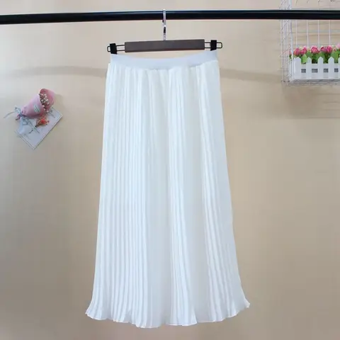 Летние женские эластичные плиссированные длинные юбки для дам корейские винтажные элегантные сексуальные шифоновые трапециевидные черные белые юбки миди с высокой талией