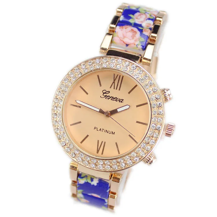 2015 новинка цветок печатные бренда женева платье часы женщины полный стали