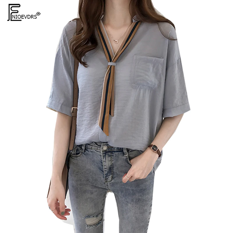 

Cute Sweet Tops Women Summer Short Sleeve Preppy Style Design Blouse Shirts Girls Blue White Bow Tie Top V Neck Shirt 6526