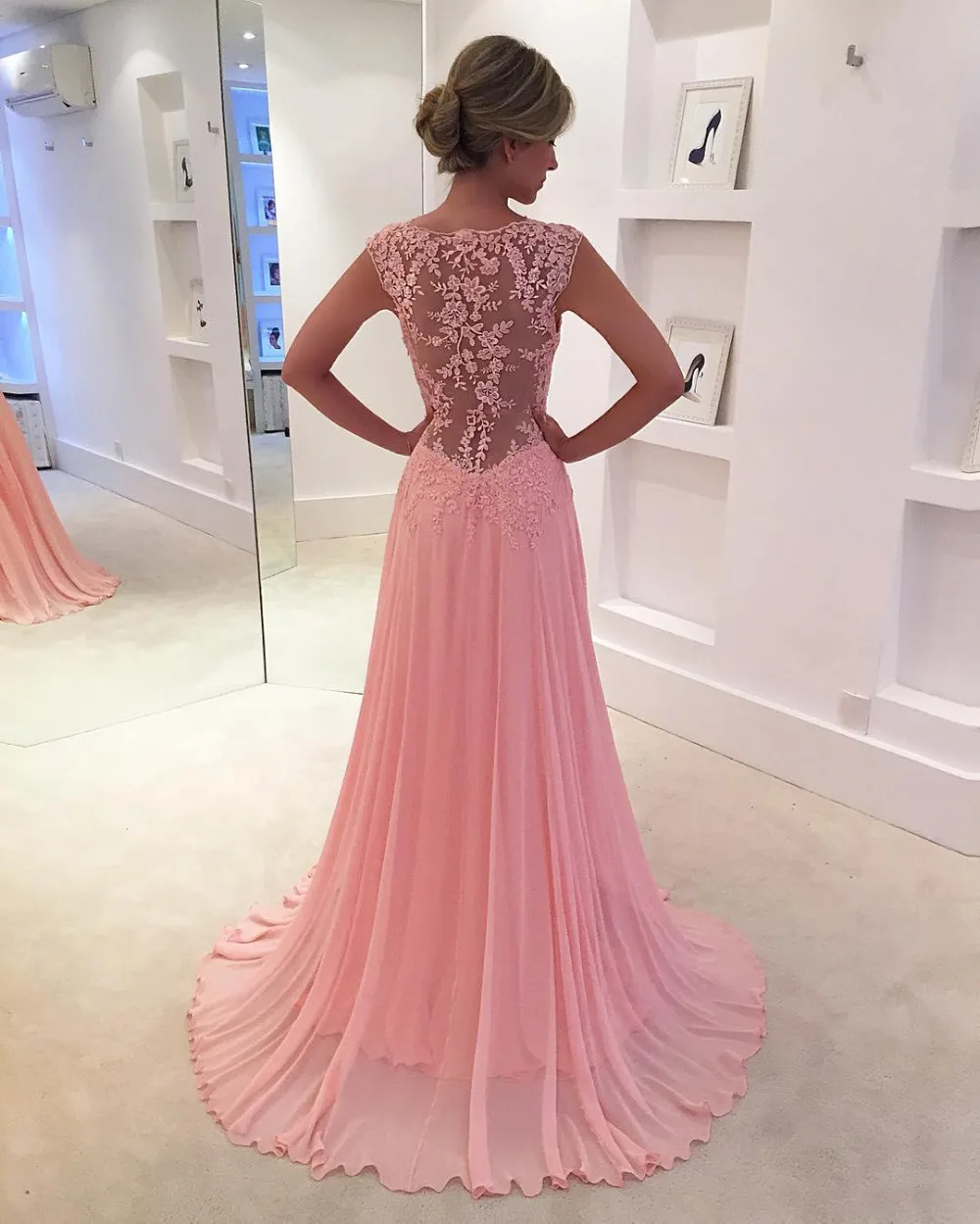 Pink Sheer Back Sexy Prom Dresses Illusion Lace Strap Adult Girls Party Dress A Line vestido de festa Evening Gowns | Свадьбы и
