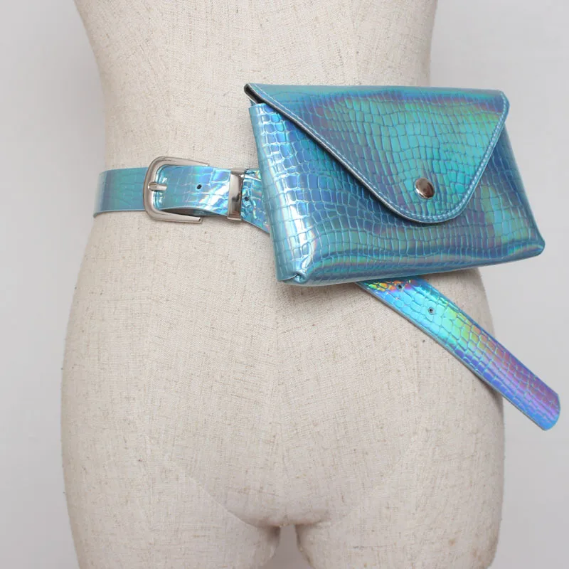 

2019 Holographic Women Fanny Pack Belt Bag Shiny Neon Snakeskin Colorful Laser Dark Buckle Waist Pack BZ107