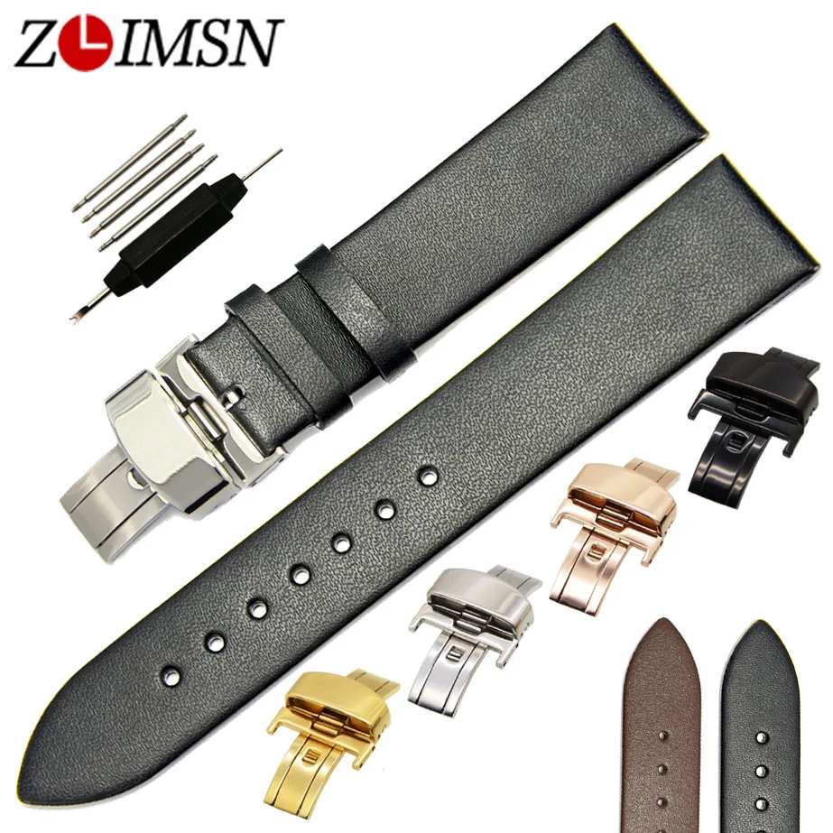 ZLIMSN Black Genuine Leather Watchbands Deployment Clasp 18 20 22mm Watch Women Bands Replacement Watches Parts Relojes Hombre