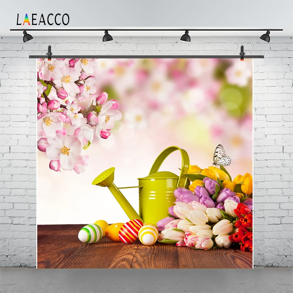 Laeacco весенние яйца цветы полив может деревянный пол фотографии фоны