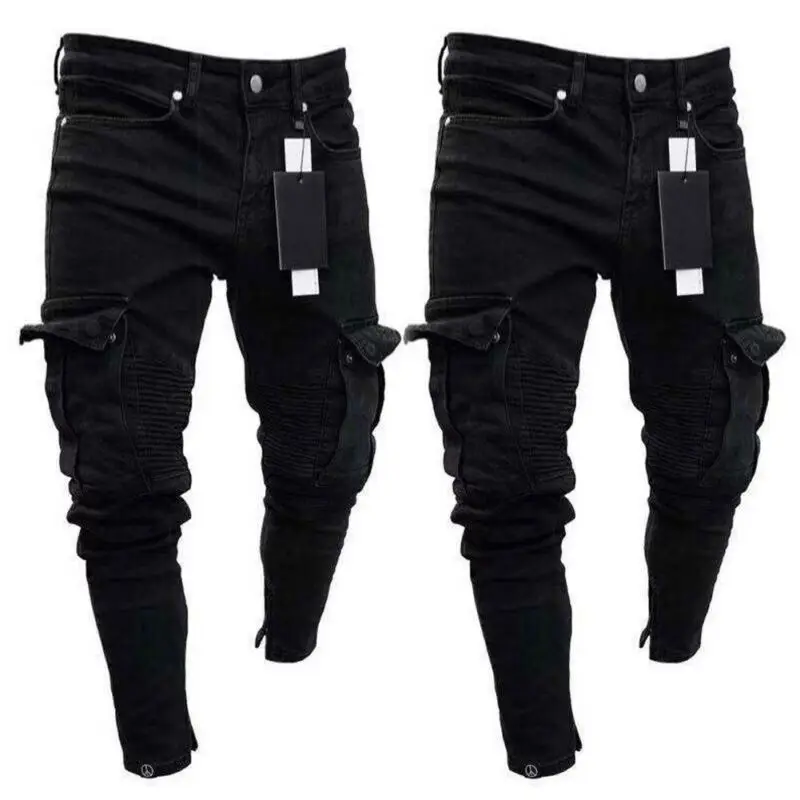 Мужские облегающие байкерские джинсы черные зауженные брюки-карго с потертыми