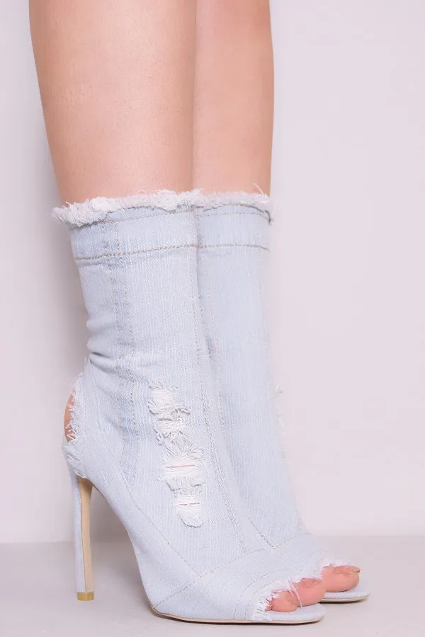 Женские джинсовые ботинки в стиле ретро рваные синие классические до середины