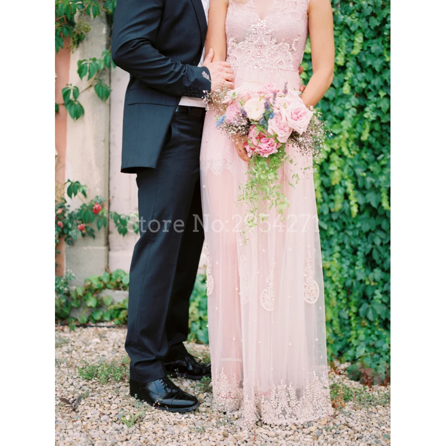 Розовое пляжное свадебное платье в стиле бохо кружевное прозрачное фатиновое с