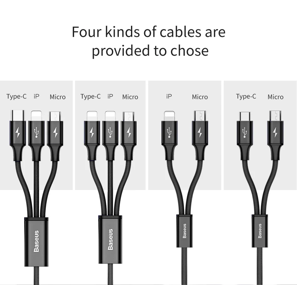 Baseus 3 в 1 USB кабель для iPhone XS Max XR X 8 samsung huawei зарядное устройство Micro USB кабель 2 в 1 мобильный телефон usb type c кабель