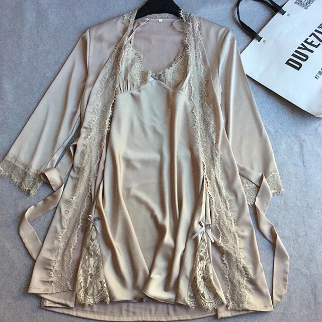Бренд Кружево шелк Народный китайский халат летний комплект сексуальное ночное белье из двух частей чулок пижамы+ купальный халат Черный цвет; Большие Размеры M-XXL e0981