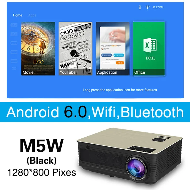 M5W-Black Poner Saund M5 светодиодный проектор Full HD 1080P 3D Android 6,0 проектор 4500 люмен проектор HDMI USB WiFi проектор Bluetooth - Цвет: M5W-Black