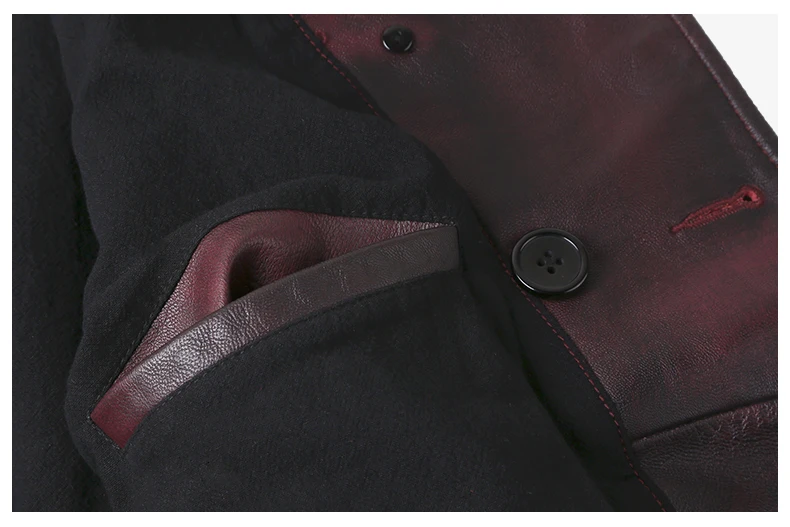 

New men vintage old dark red double breasted genuine leather sheepskin jacket metrosexual man casual fashion slim winter
