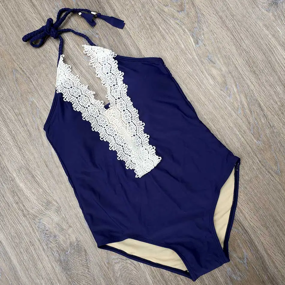 Женский слитный купальный костюм Ms.Shang черный и синий с кружевной лямкой на шее
