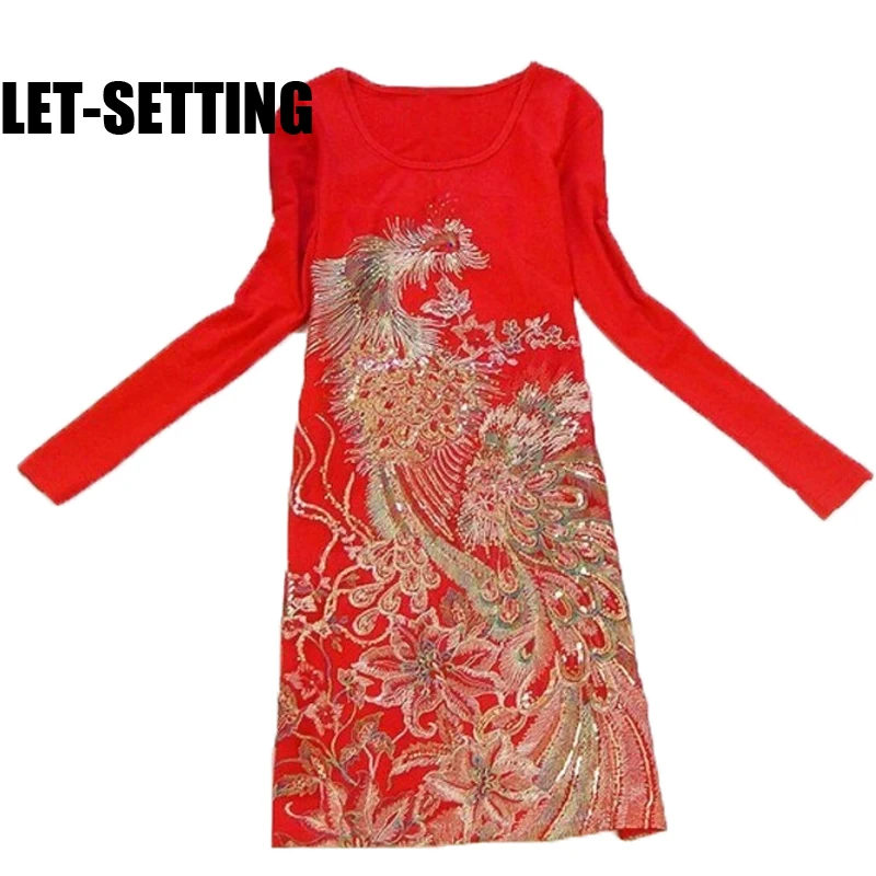 Женское винтажное платье с длинным рукавом и вышивкой Феникс красное Цветочное в
