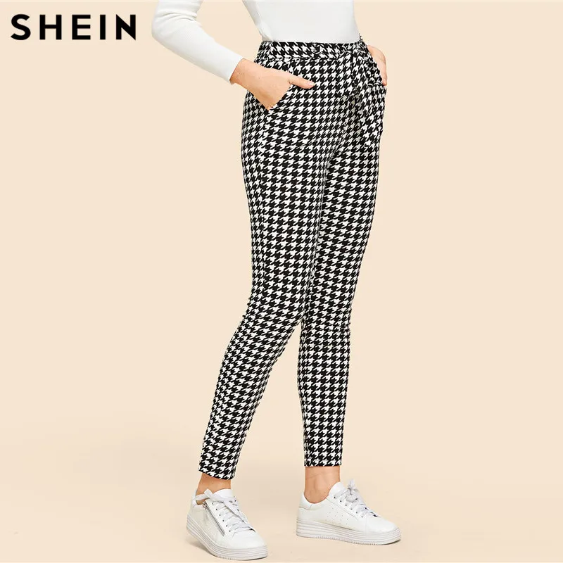 SHEIN Прямолинейные Брюки В Клетку С Эластичной Талией Женские Весенние Элегантные Брюки С Поясом