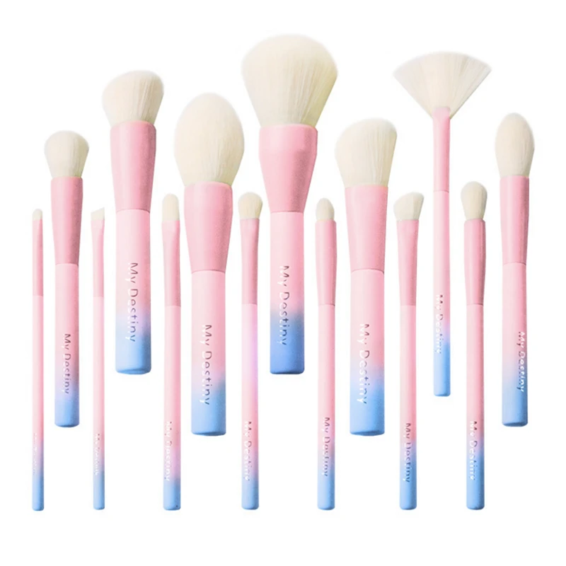 VDL+ My Destiny Pro 14Pcs Makeup Brushes Set Gradient Pink Yellow Soft Blusher Powder Complete Cosmetic Brush Kit with Bag