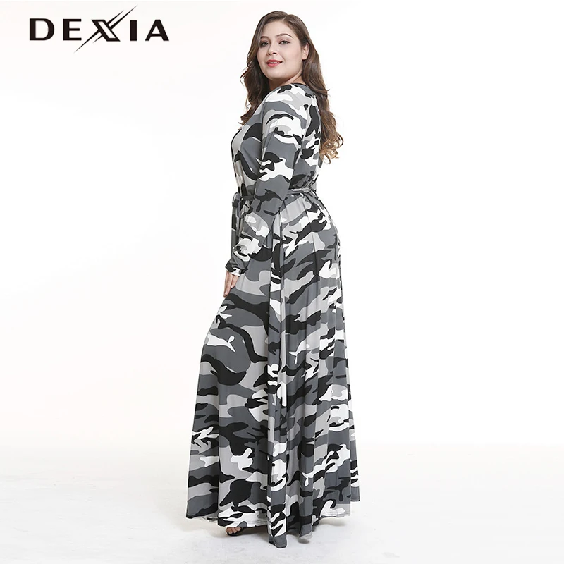 DEXIA повседневная камуфляжная одежда женское платье с поясом длинное макси полный